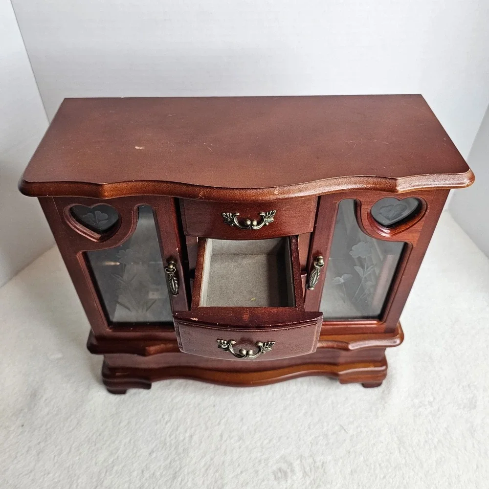 Wood Jewelry Box Chest w/ Mirror, Velvet Lined, Ring Holder, Heart, Brown